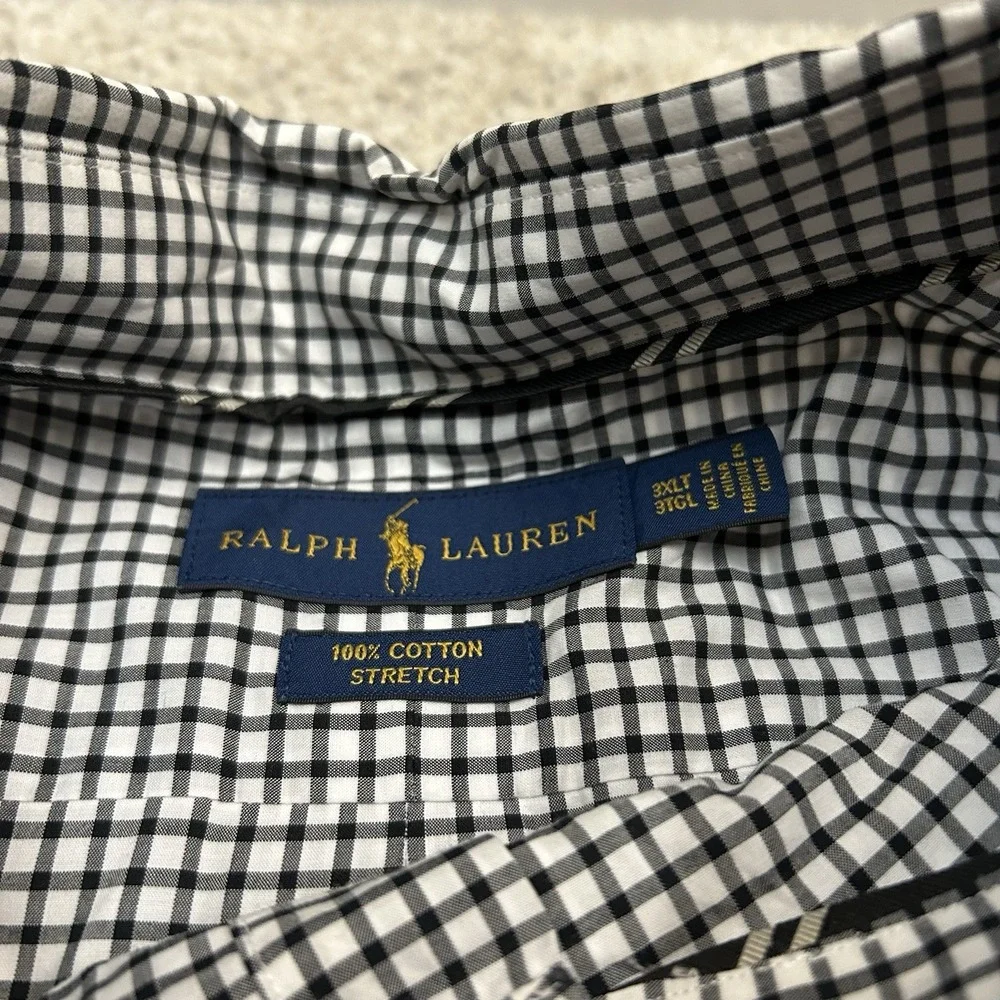 Ralph Lauren Shirt Mens 3XLT Tall Stretch Black White‎ Gingham Plaid Button Down